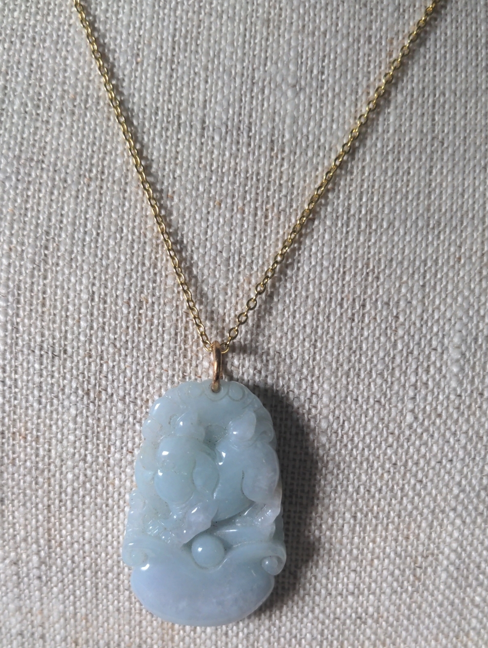 New Jadeite Jade Carved Pendant Necklace, Adj. Goldtone Chain